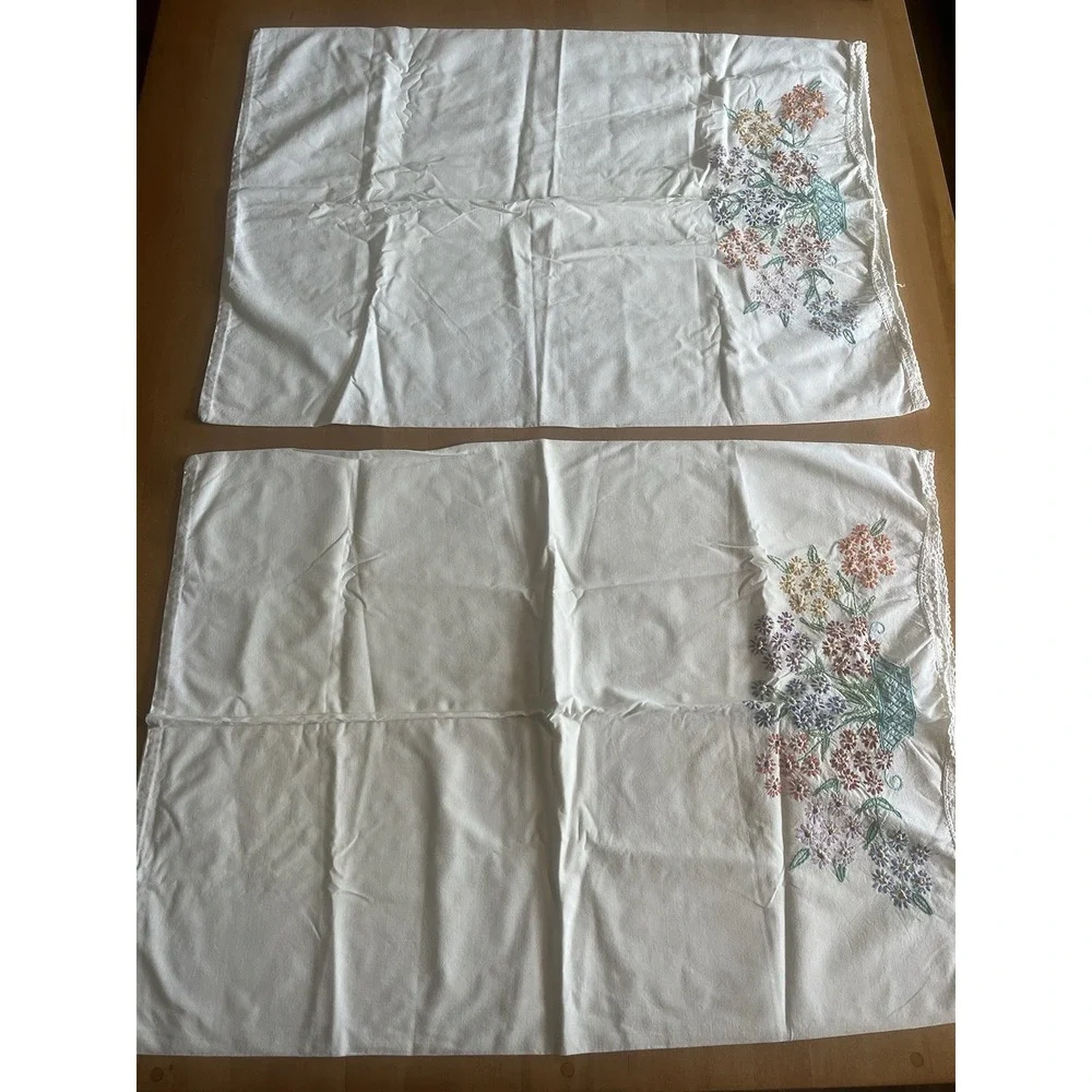 Vintage Embroidered Pillowcases Floral Set Of 2 Linen Cotton Clean Cottagecore